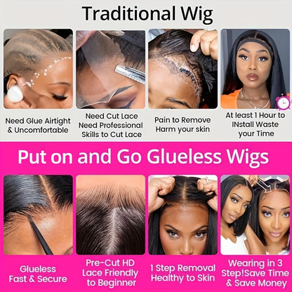 Straight Bob Wig Human Hair 4x4 HD Lace Glueless 250% Density Pre Cut Pre Plucked Wear and Go for Women Daily Party Music Festival 8-14 Inch