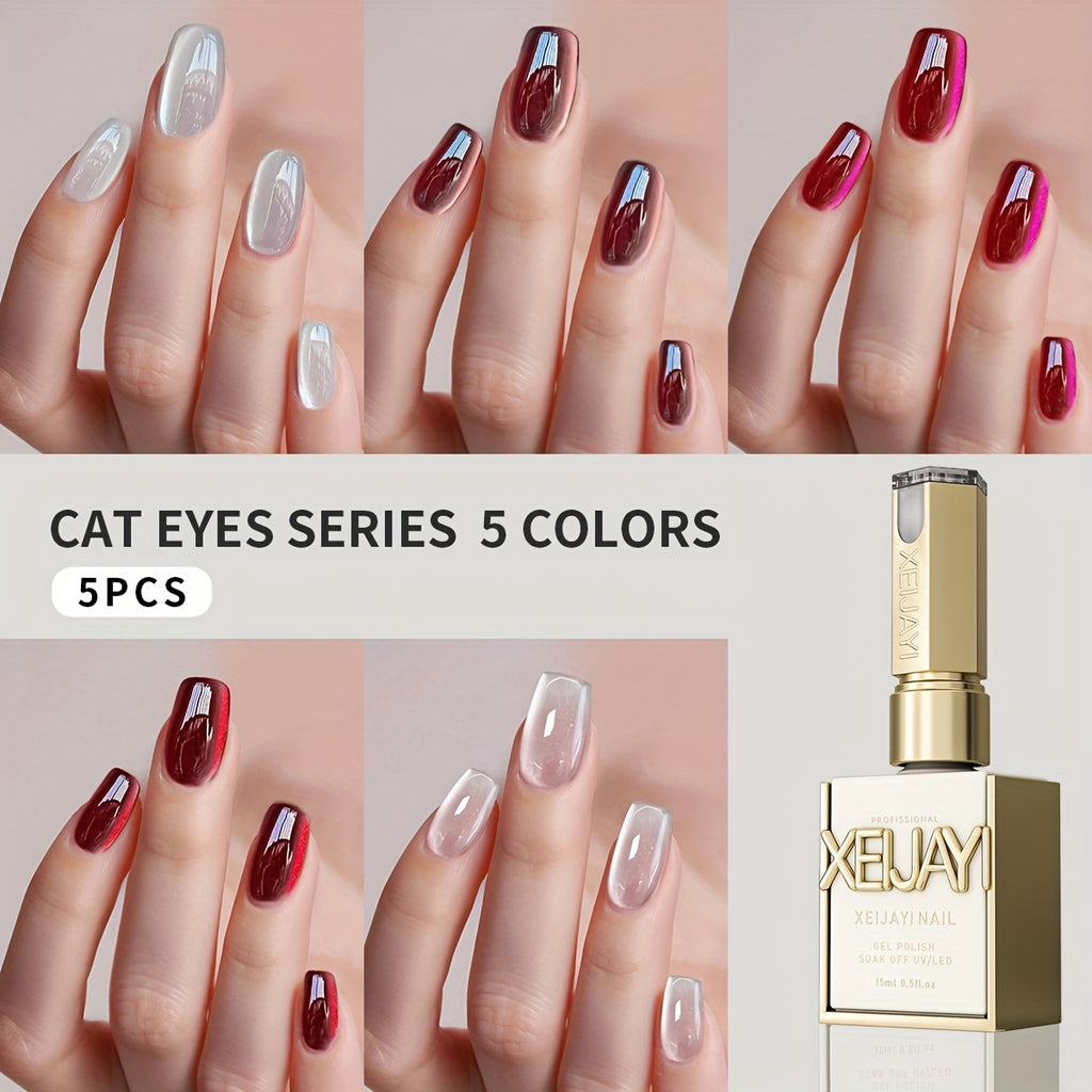 XEIJAYI Electroplating Bottle 5pcs Cat's Eye --- Super Bright Cat's Eye Gel Ruby Cat's Eye Porcelain White Glass Bead Effect Sparkling LED Nail Gel Home Salon Must-have Salon Gel