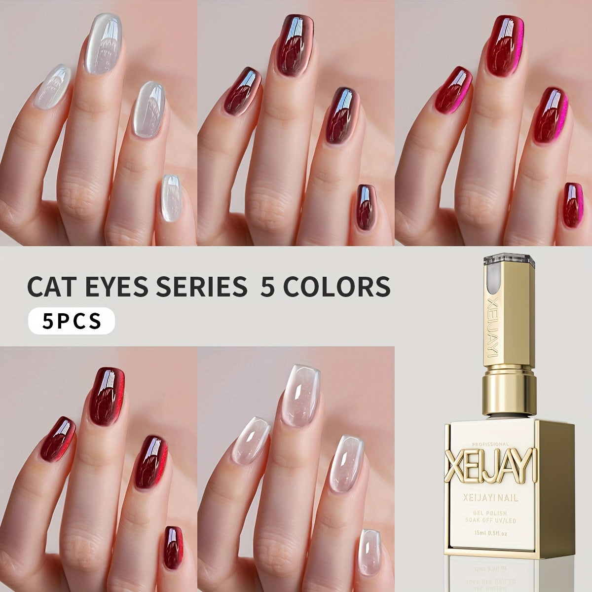 XEIJAYI Electroplating Bottle 5pcs Cat's Eye --- Super Bright Cat's Eye Gel Ruby Cat's Eye Porcelain White Glass Bead Effect Sparkling LED Nail Gel Home Salon Must-have Salon Gel