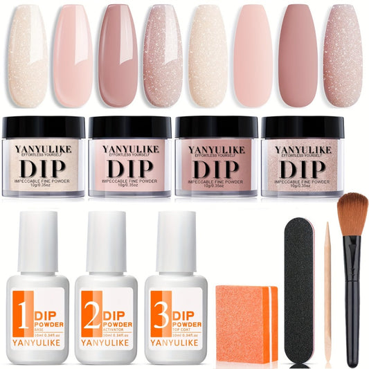 Beginner's Dipping Powder Nail Kit with 4 Nude Shimmer Colors Suitable for Home & Salon Use, Complete Nail System with Base Coat & Top Coat Activator, DIY Nail Polish for -Home Salon, Application for Nail Designs