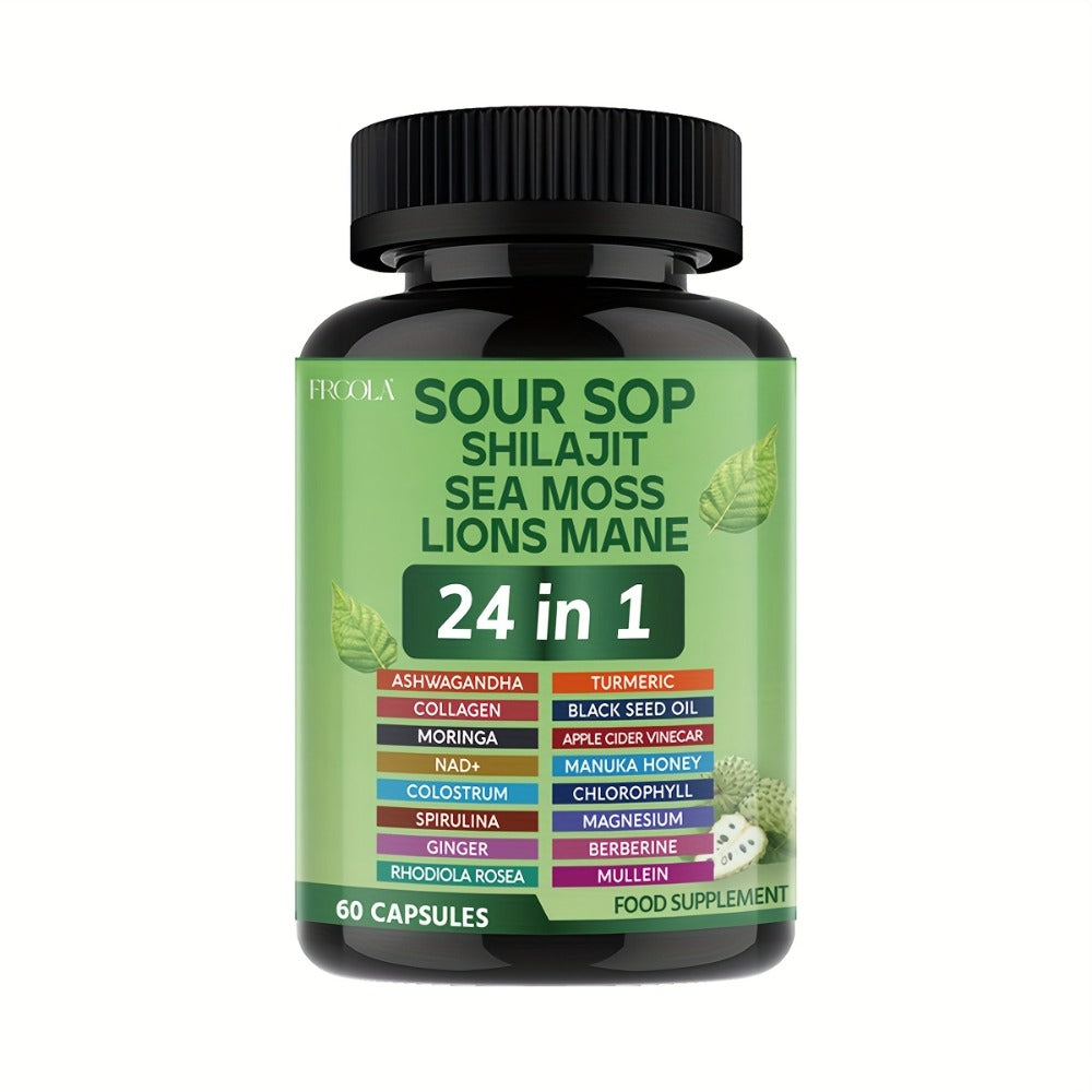Soursop, Shilajit, Sea Moss, Lions Mane 24in 1Capsule - 2238mg Supports Intestinal Health, Provides Antioxidant Benefits for Man And Woman - 60 Count