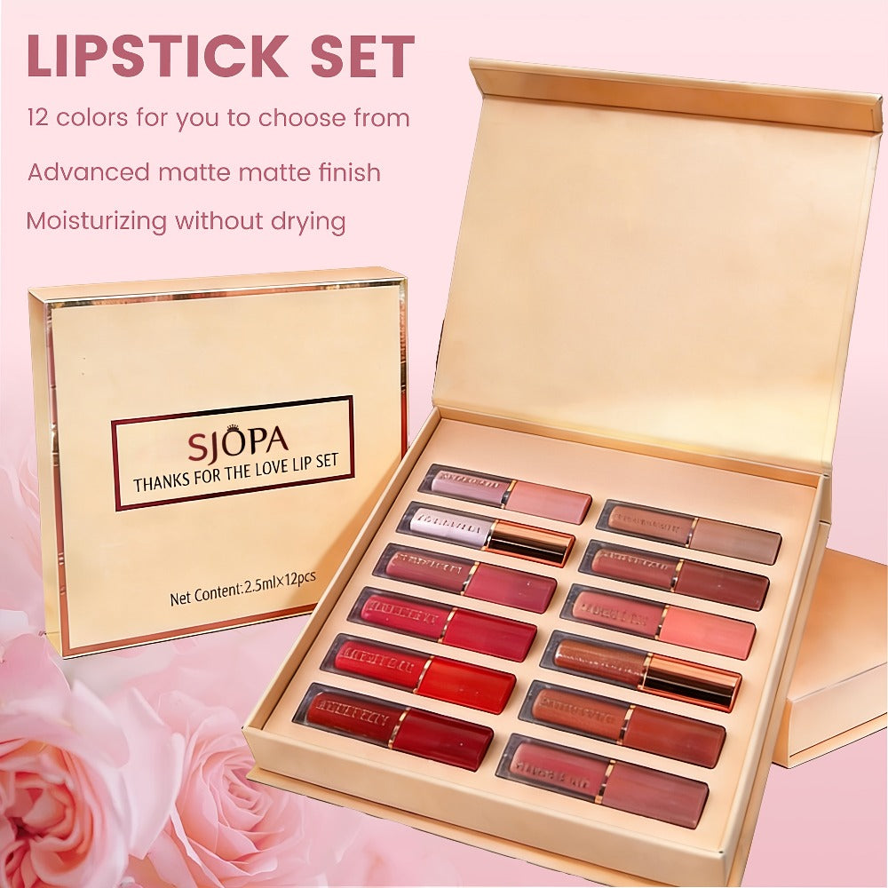 Velvet Matte Liquid Lipstick Set 12 Pcs - Book Style Gift Box, Long-Lasting Non-Transfer Shimmer & Nude Shades, Perfect Christmas & Valentine's Day Gift for Women