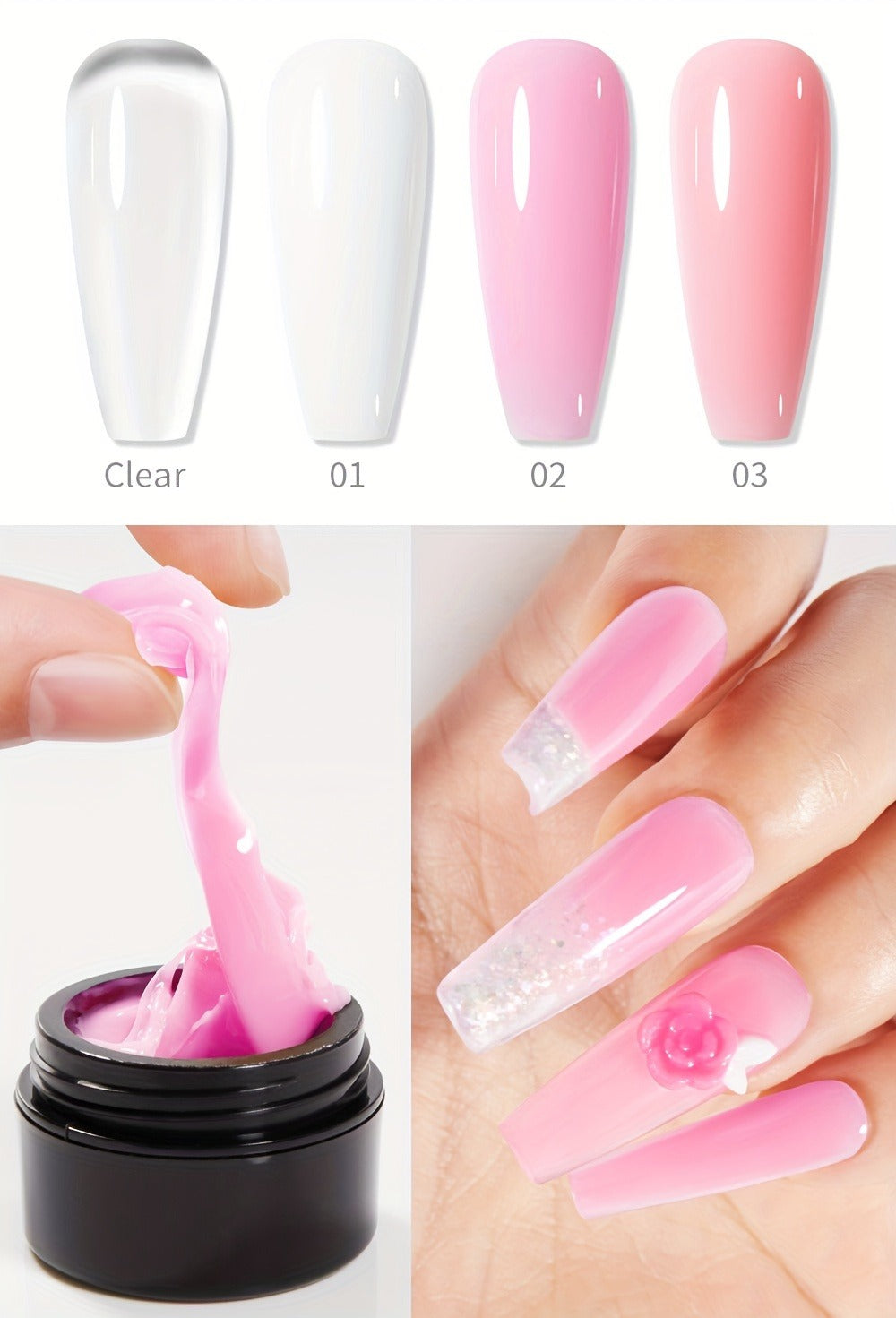 AWStorG 5pcs/Set Solid Gel Builder For Nails Starter Kit Clear Nude Nail Extension 3D Gel Nail Art Nail Glue For Acrylic Nails Rhinestone Gel Sculpture Molding Gel Hard Gel With Flower Molds Sculpting Brush