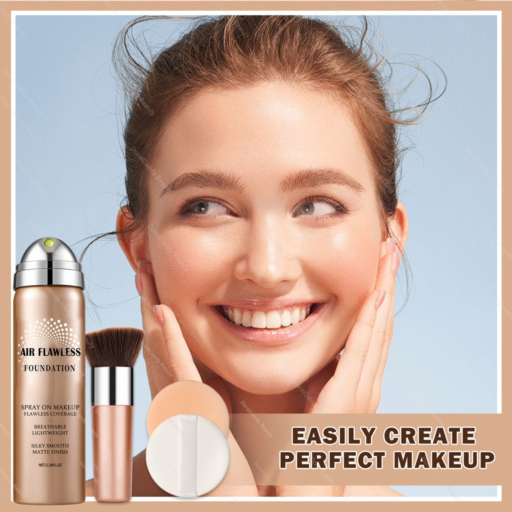 Professional Airspray Foundation Kit | 01 Natural+Green Round Puff + 2 Fingertip Puffs - 4 Shades (01-04) Available, Full Coverage, Long-Lasting, Suitable for Daily Party Makeup
