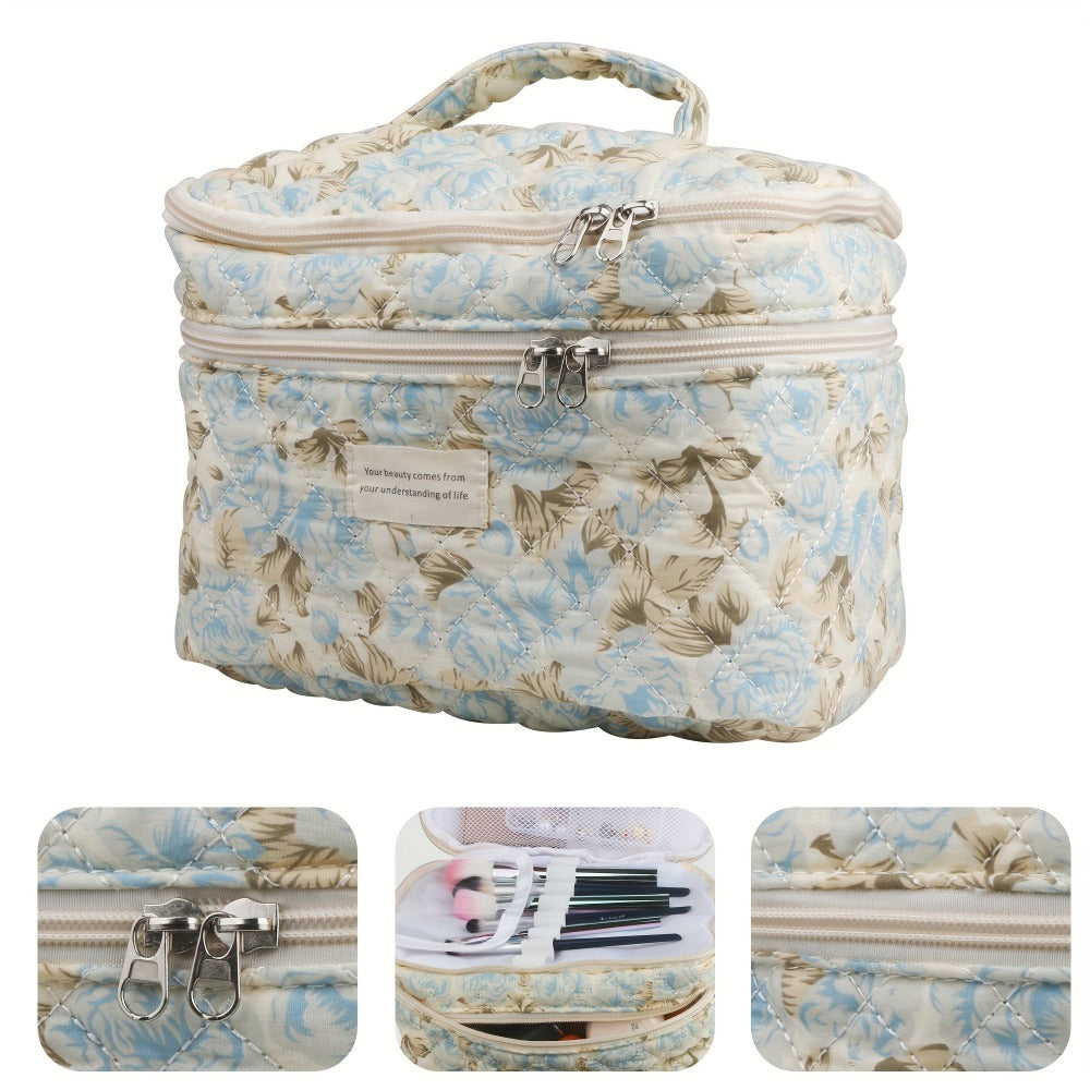 Large Capacity Dual Layer Cotton Makeup Cosmetic Bag (3PCS), Cute Quilted Travel Coquette Aesthetic Floral Make up Bag for Women Toiletry Bag