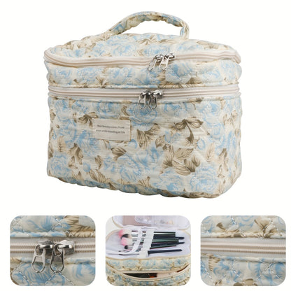 Makeup Bag Set 3PCS Quilted Cotton Dual Layer Large Capacity Floral Coquette Aesthetic Travel Cosmetic Bag Women Toiletry Organizer Cute Soft Fabric Pouch Blue Pink Purple 6 Styles