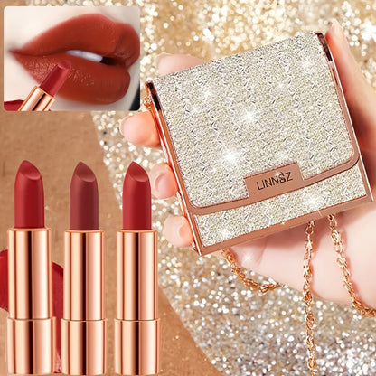 Velvet Matte Lipstick Set 3-Pack Waterproof Long-Lasting Anti-Fading Formula with Silvery Chain Bag Gift Packaging for Women