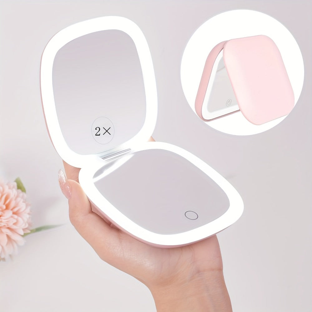 Handheld Mirror with LED Lights, Featuring a Double-Sided Design, Three Brightness Settings, USB Rechargeable Capability, And a Foldable, Portable Structure, Ideal for Makeup Application And Travel, Including Regular And 2X Magnification Options.