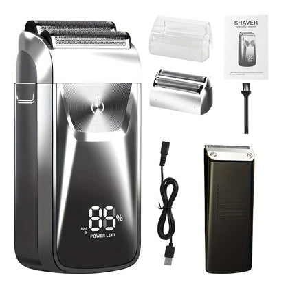 Bald Head Shaver & Beard Trimmer 2-in-1 Electric USB Rechargeable – Aluminum Foil Razor Professional Hair Clipper Grooming Tool for Men, Cordless Portable Silvery & Gold