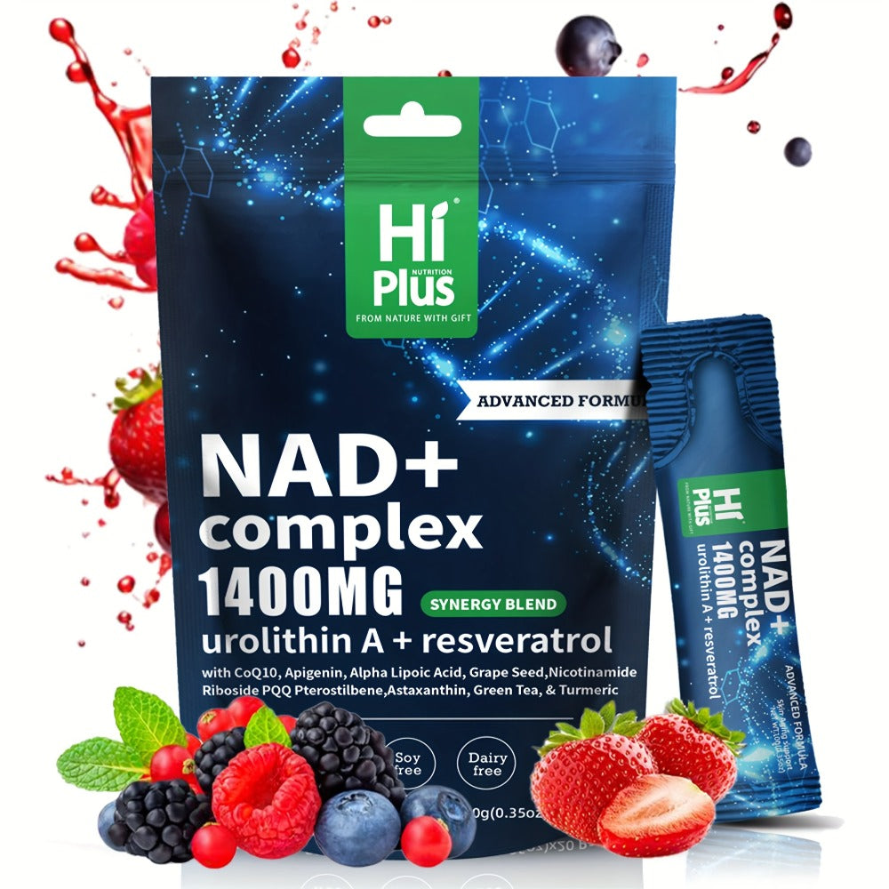 NAD+ Supplement 1400mg Liposomal with Nicotinamide Riboside PQQ & Trans-Resveratrol – Cellular Energy, Focus & Antioxidant Support | HiPlus Berry Flavor Portable Sachets (20 or 40 Packs)