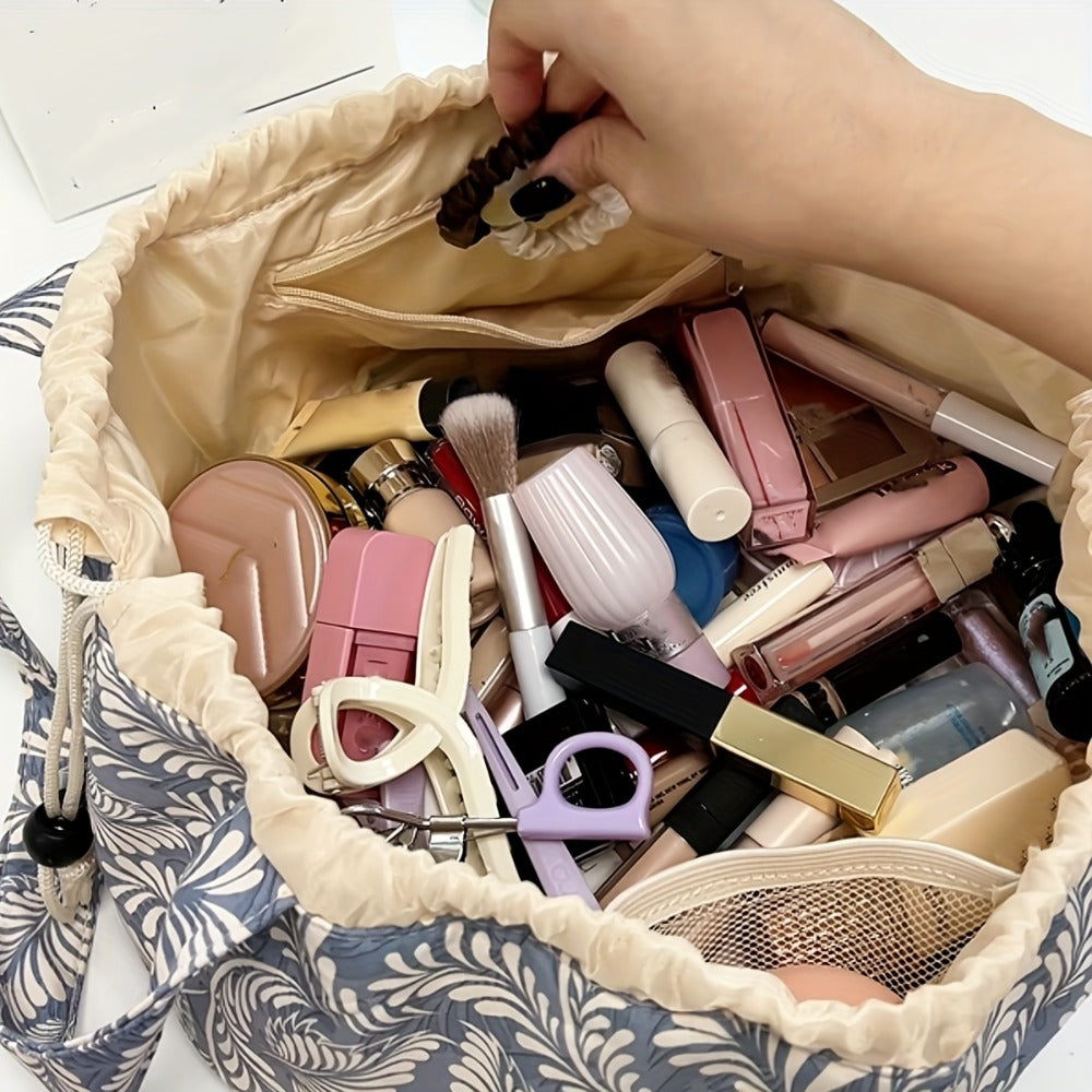 Drawstring Makeup Bag Wide Opening Flat Lay Oxford Fabric Machine Washable Travel Cosmetic Bag Storage Organizer for Makeup Tools Accessories Toiletries Dorm 12 Colors Printed & Solid