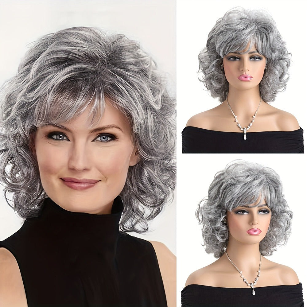 14 Inch Short Curly Hair Mixed With Grey And Slanted Bangs Wig, Made Of Elegant And Heat-resistant Synthetic Fiber Material For Women, Rose Net Wig Headband - Suitable For Daily Wear, Role-playing, Halloween Parties, Music Festivals, Weddings