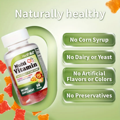 Kids Multivitamin Gummies 60ct with D3, Vitamins A, C, E, B6, B12, Folic Acid, Zinc & Choline for Brain, Eye, Bone & Immune Support, Appetite Boost & Healthy Growth for Children