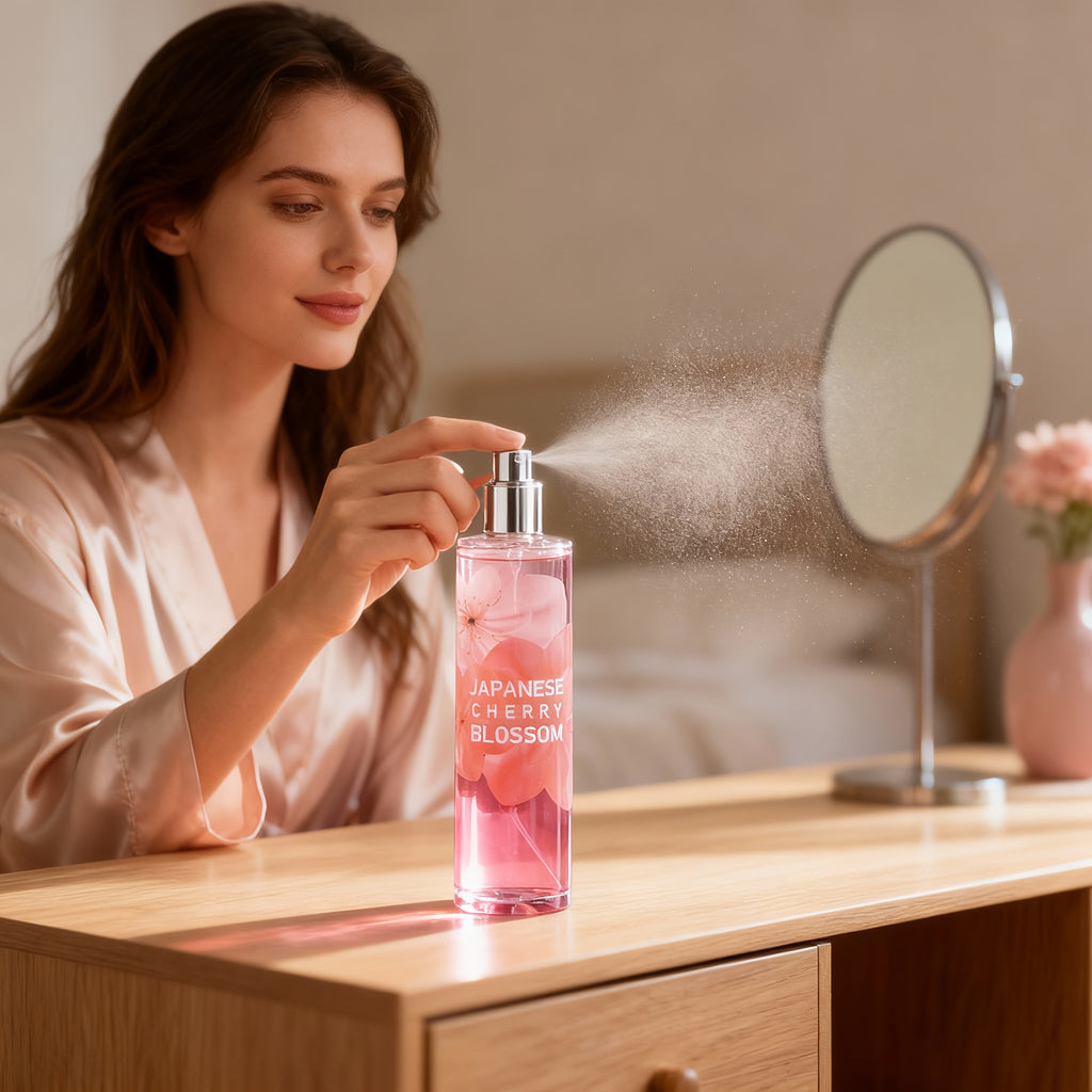 Japanese Cherry Blossoms Scented Body Mist with A Fruity-floral Sweet Aroma That Lasts 7-8 Hours. Perfect for Travel, Surprise Birthday Gifts, And Valentine's Day. Infused with Pheromones to Boost Confidence, Ideal for Beach Dates And Pool Parties.