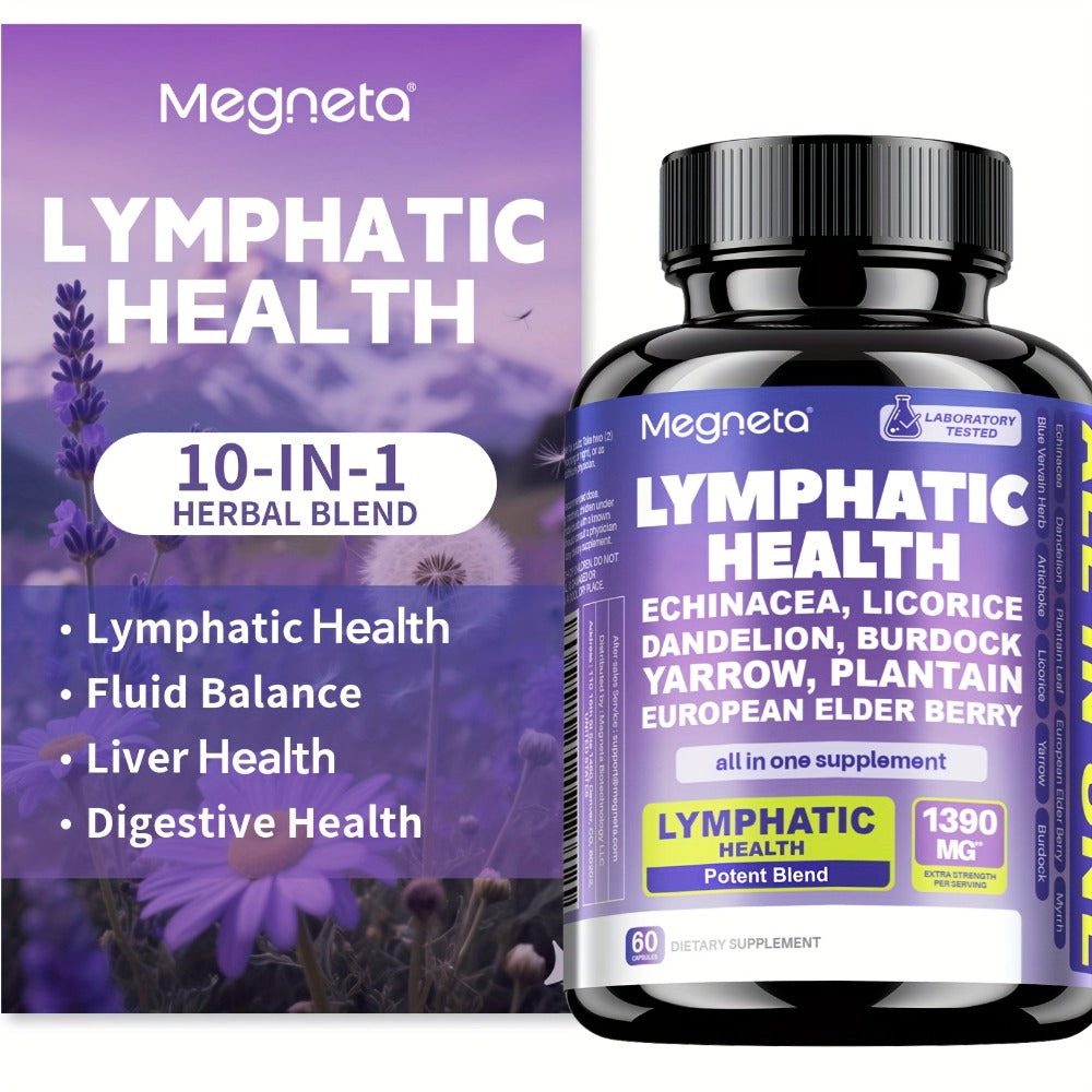 MEGNETA Lymphatic Health Supplement Capsules - Fluid Circulation & Balance, Antioxidant, Liver & Lymph System Health - Herbal Products Echinacea, Dandelion, Elderberry, Plantain Leaf, Blue Vervain, Artichoke, Burdock Supplement - 30 Servings