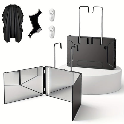 Self Haircut Mirror 3-Way with LED Light & Accessories - 360° Viewing Angle, Anti-Fog HD Glass, Height Adjustable, Door Wall Table Mount, DIY Barber Mirror for Hair Cutting Shaving Styling