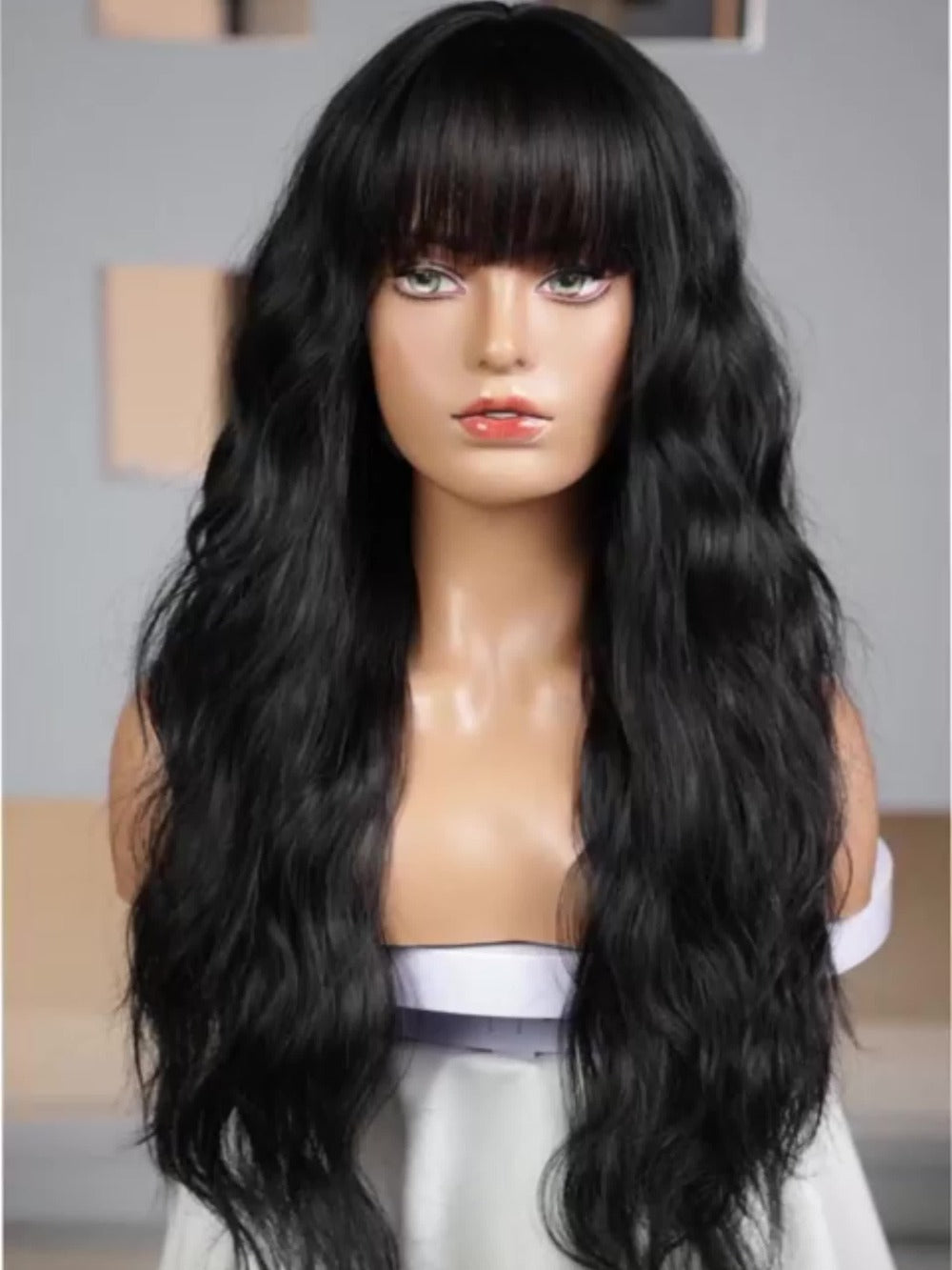 Long Body Wave Wig with Bangs Synthetic Black 28 Inch Heat Resistant Buckle Net Cap Natural Look Women Daily Wear Holiday Party Elegant