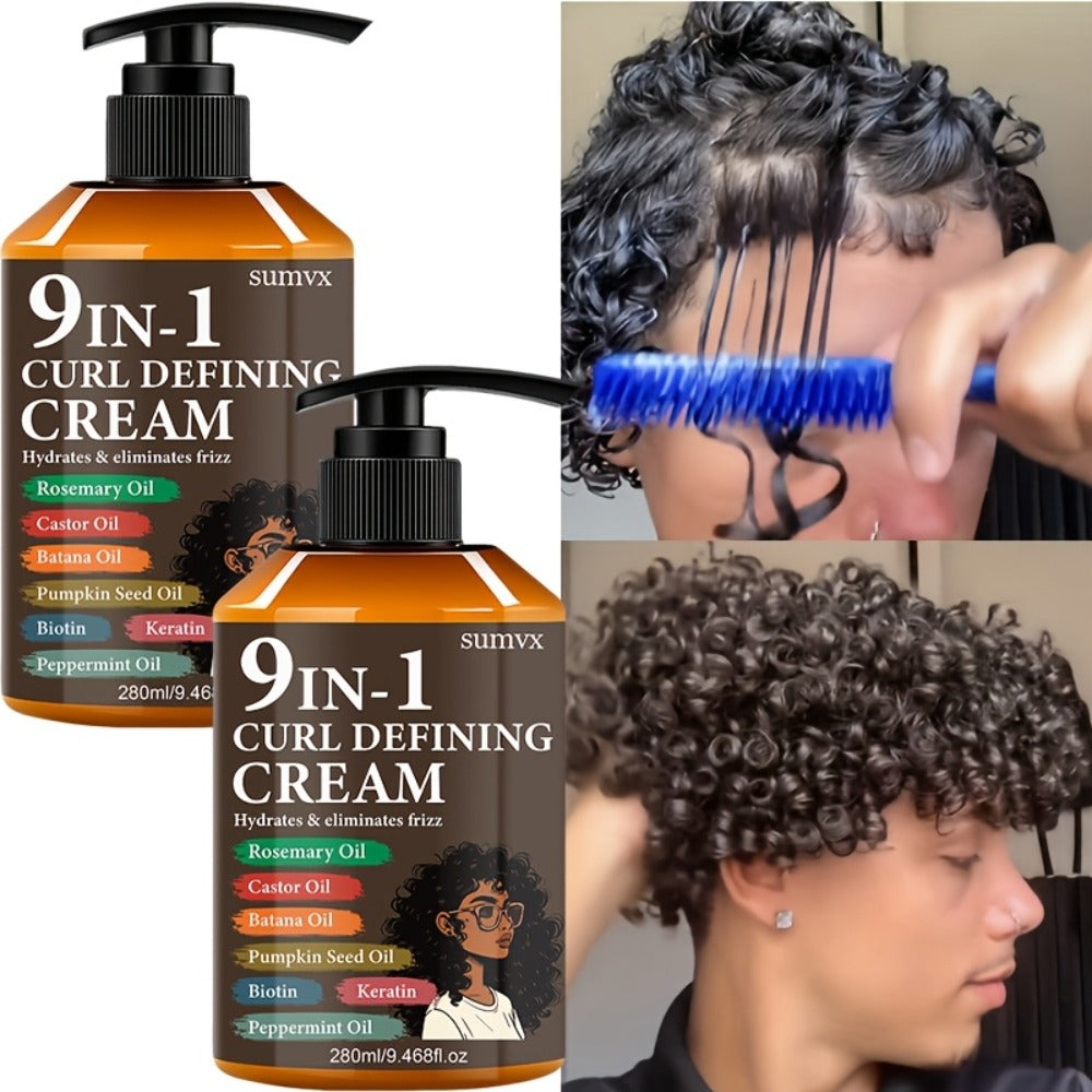 Curl Defining Cream 9-in-1 Moisturizing Curl Styling Cream — Long-Lasting Hold, Frizz Control, Non-Greasy, for Wavy, Curly & Normal Hair, Unisex, 9.468 fl oz × 2 Pack
