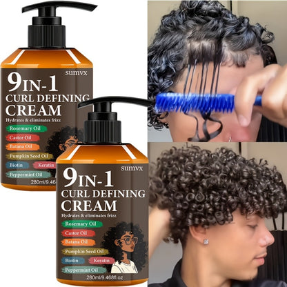 Curl Defining Cream 9-in-1 Moisturizing Curl Styling Cream — Long-Lasting Hold, Frizz Control, Non-Greasy, for Wavy, Curly & Normal Hair, Unisex, 9.468 fl oz × 2 Pack
