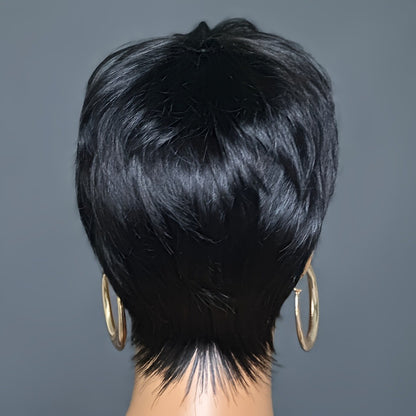 Remy Human Hair Pixie Cut Wig with Bangs — Brazilian 6 Inch Short Layered, 150% Density Glueless Rose Net Cap, Natural Black, African Hair Compatible, Women & Men Daily Wear