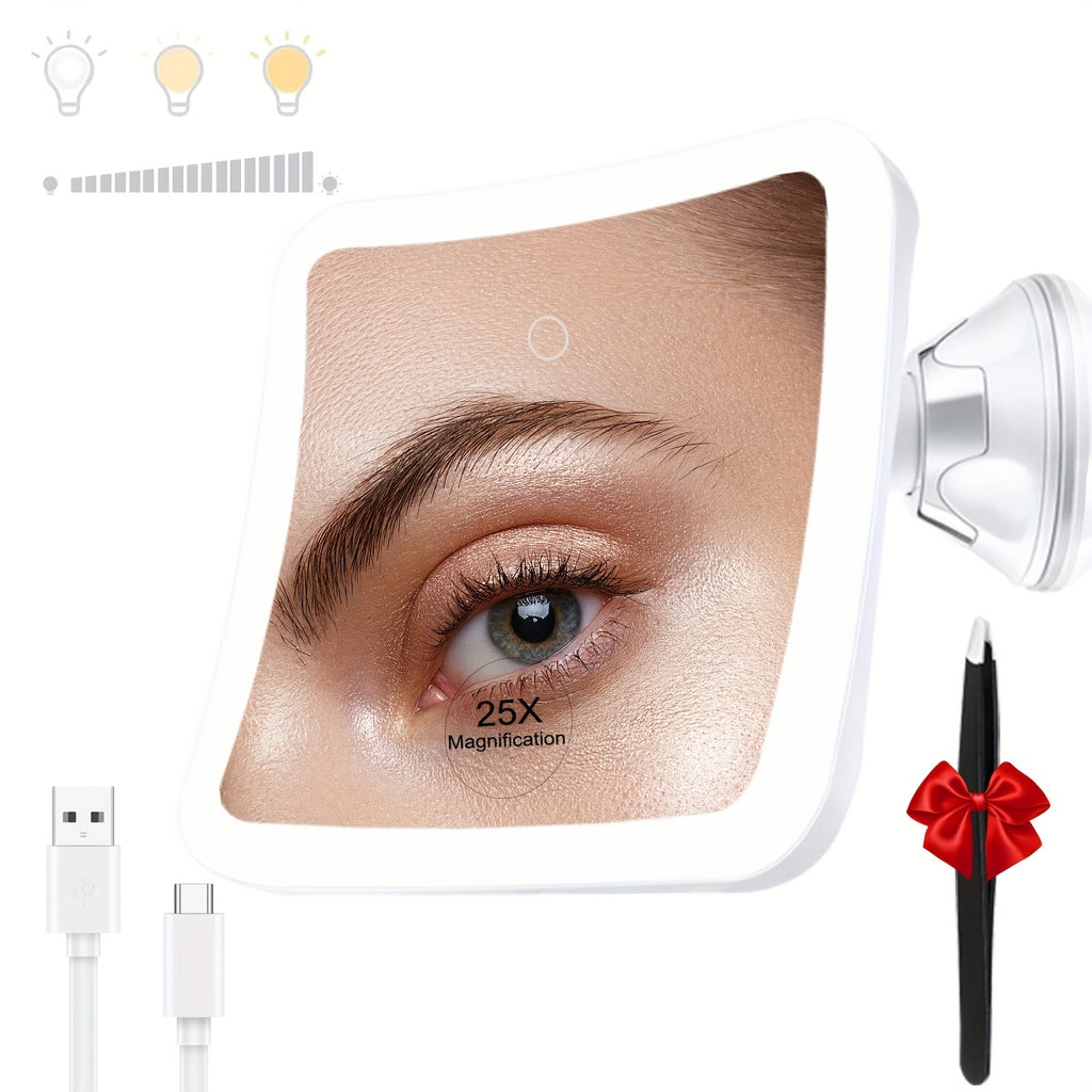 2000mAh Rechargeable 25X Magnifying Mirror with Light, Suction Cup, Locking Suction Mount, Travel Magnifying Mirror with 360° Adjustable, Travel Makeup Mirror with Dimmable Touch & 3 LED Light Settings, Valentine's Day Gifts, Weddings, Birthday Gift