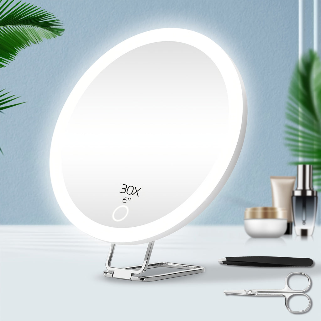 LED Illuminated Magnifying Mirror, 30X Lighted Makeup Mirror, Travel Makeup Mirror, 6-Inch Pocket Handheld Makeup Mirror, Hanging Magnifying Mirror, Rechargeable Pocket Makeup Mirror, Gift for Men and Women; Mother's Day Gift, The Best Choice