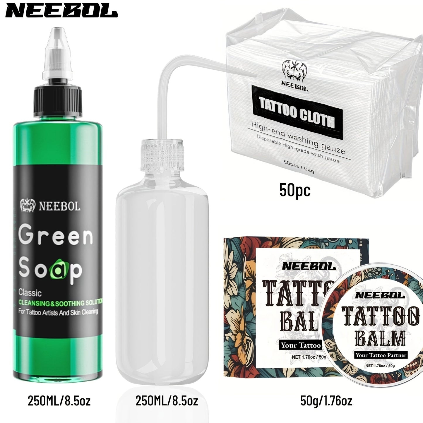 Tattoo Green Soap Concentrated Cleaning Solution 8.5oz with Squeeze Bottle Skin Prep Before & After Tattooing Moisturizing Balm Cream Lint-Free Wipes Kit
