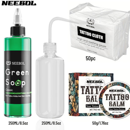 Tattoo Green Soap Concentrated Cleaning Solution 8.5oz with Squeeze Bottle Skin Prep Before & After Tattooing Moisturizing Balm Cream Lint-Free Wipes Kit