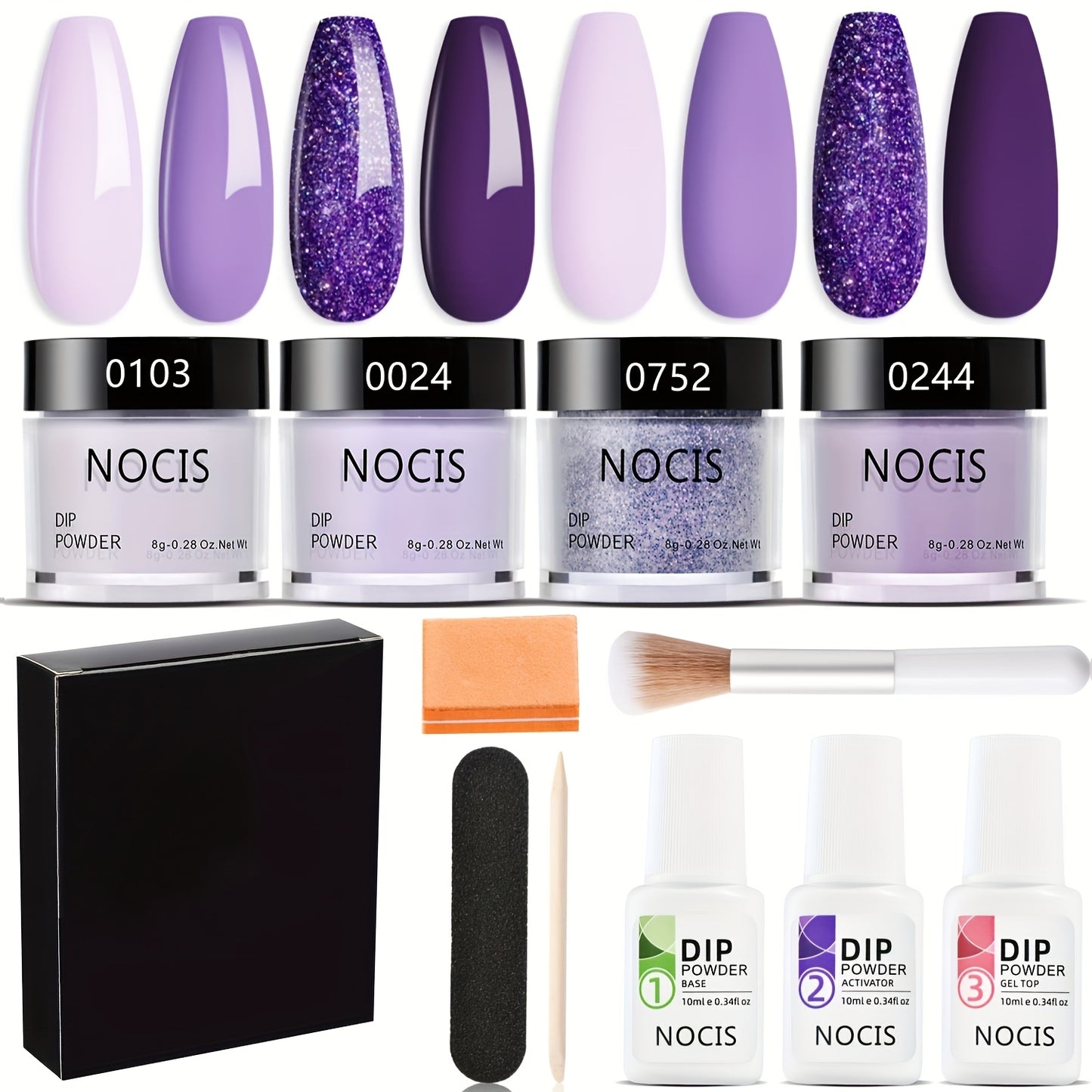 Dip Powder Nail Kit 4 Colors Lilac Lavender Purple Glitter - Base Coat Top Coat & Activator Included - French Nail Art All-in-One Beginner Manicure Set for Home & Salon
