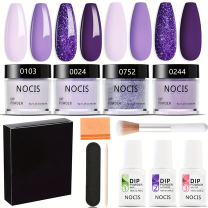 Dip Powder Nail Kit 4 Colors Lilac Lavender Purple Glitter - Base Coat Top Coat & Activator Included - French Nail Art All-in-One Beginner Manicure Set for Home & Salon