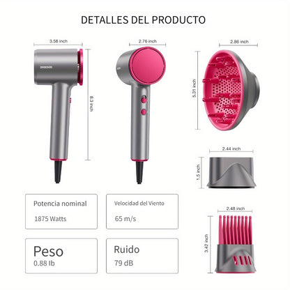 Hair Dryer with Diffuser for Curly Hair 1875W Ionic Blow Dryer - Lightweight Portable Professional Styling for Women Men Travel Gift Gray White