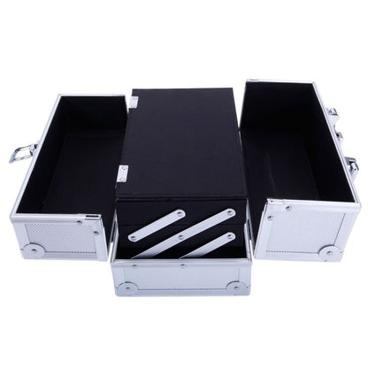 Makeup Train Case with Wheels - Large Aluminum Cosmetic Trolley Organizer, Lockable Travel Makeup Artist Box with Adjustable Dividers, Black Silver Pink