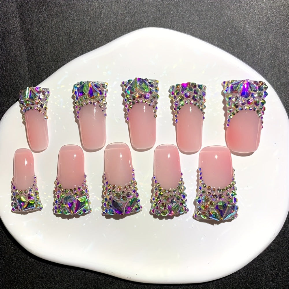 Nail Tips Press On Duckbill French AB Diamond Shiny – Nude Color Long Handmade Wearable Nails | 10pcs Set with Tools for School, Party, Date & Wedding, S/M/L