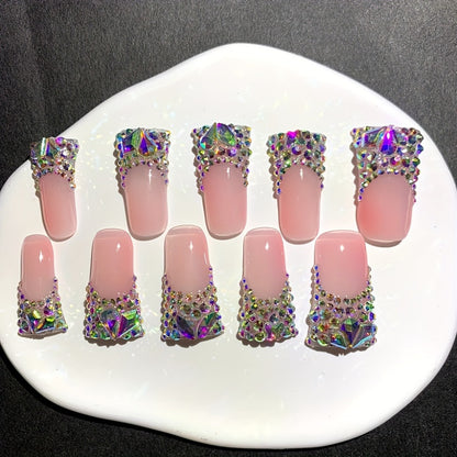 Nail Tips Press On Duckbill French AB Diamond Shiny – Nude Color Long Handmade Wearable Nails | 10pcs Set with Tools for School, Party, Date & Wedding, S/M/L