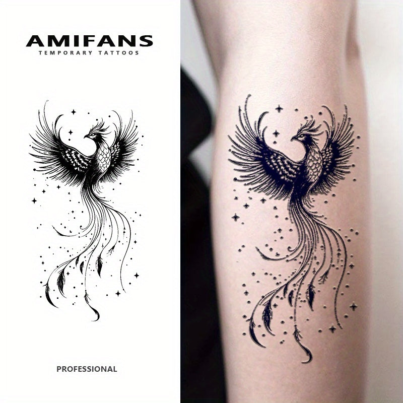 3-Pack AMIFANS Semi-Permanent Phoenix Tattoo Stickers, 3. 2" X 3. 2", Realistic Tattoo Navy Blue Ink Style, Lasting 1-2 Weeks, Long-Lasting Juice Temporary Tattoos For Adults, Arm Body Art