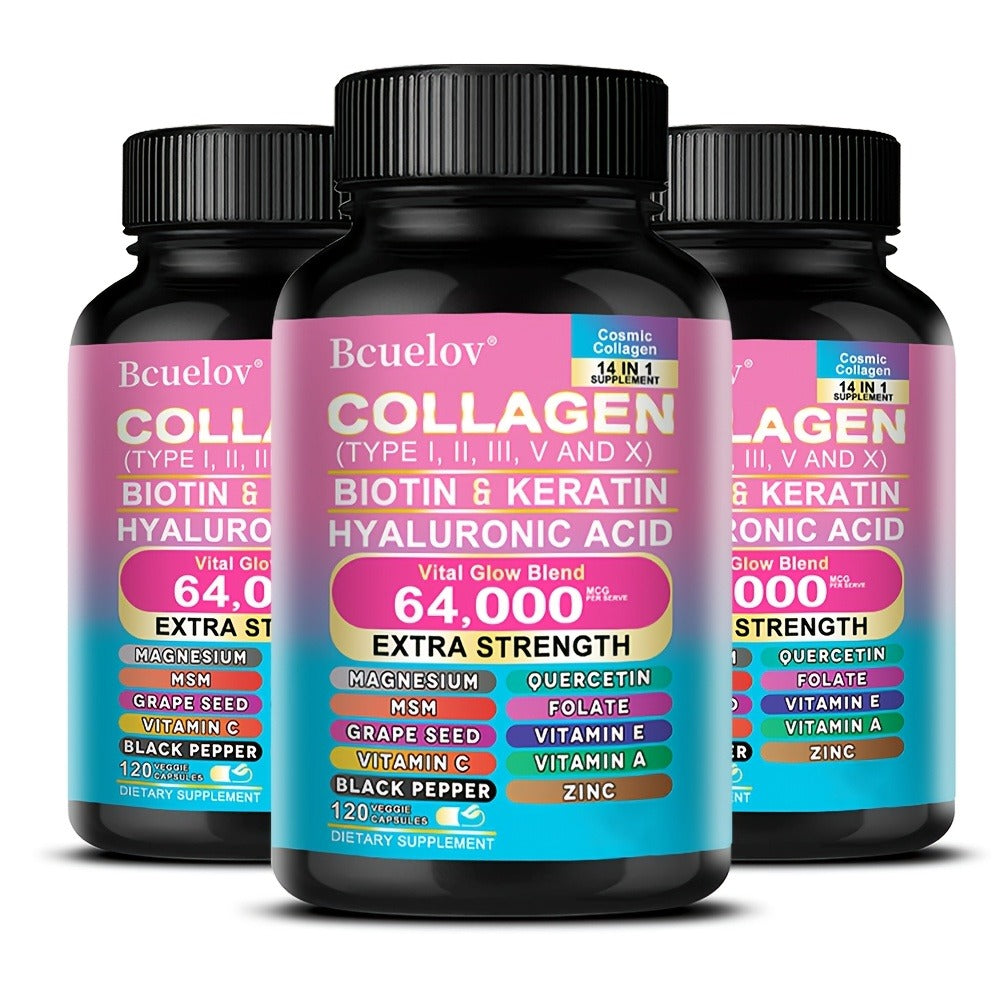 Types I, II, III, V, And X Collagen Supplements - Enriched with Biotin And Keratin, Along with Hyaluronic Acid - Healthy Skin, Nails, And Hair - 120 Capsules