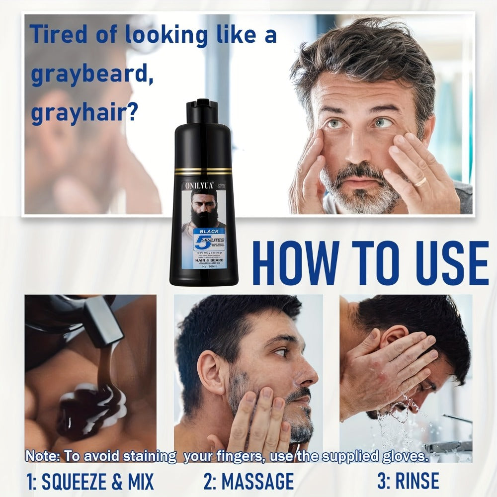 Beard Dye Shampoo for Men 2-in-1 Hair & Beard Color Grey Coverage in 5-20 Minutes - Argan Oil No-Mix Long-Lasting Natural Color Formula 6.76 oz for Beard Mustache Goatee