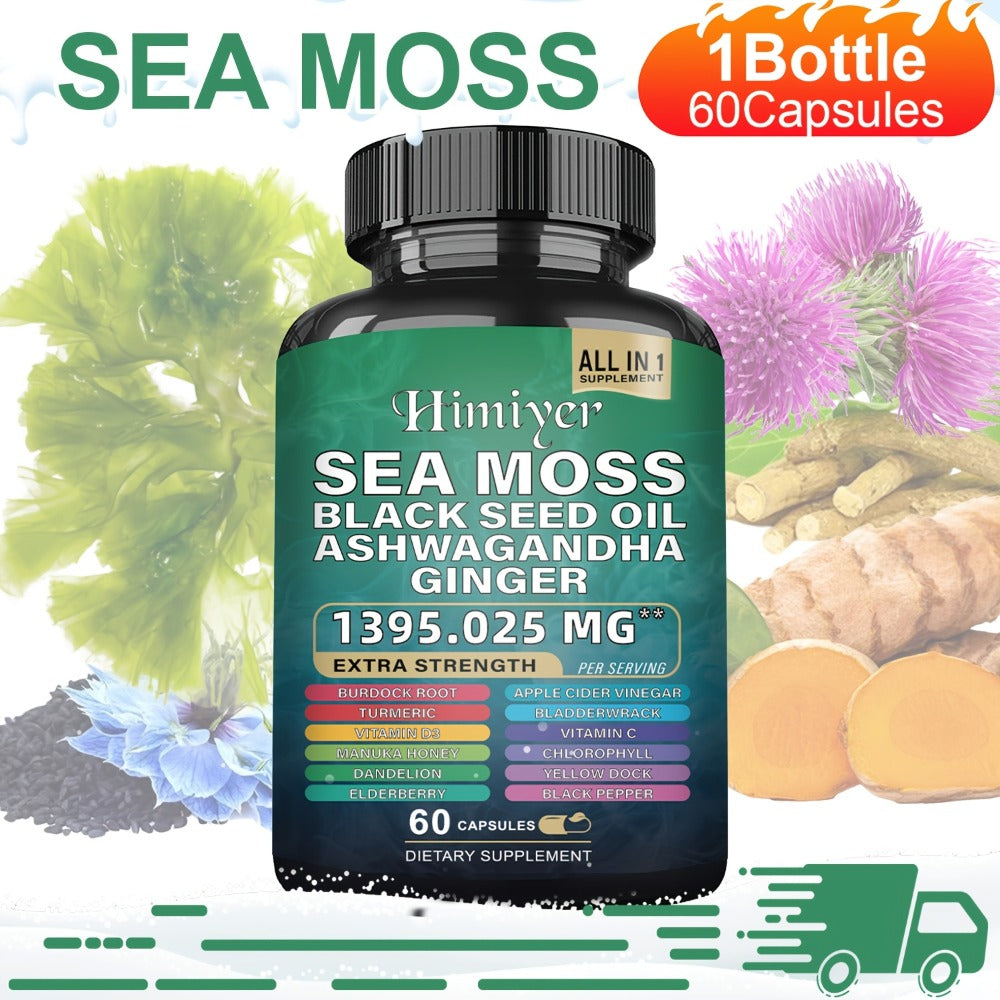 Sports Health Pack, Shilajit And Seamoss Ginger South African Drunken Eggplant Capsule, Sea Moss 350 Mg, Black Seed Oil 200 Mg, Ashwagandha 200 Mg, Ginger And Shilajit 300 Mg, Rhodiola Rosea 100 Mg, 1395mg+700mg Complete Supplement