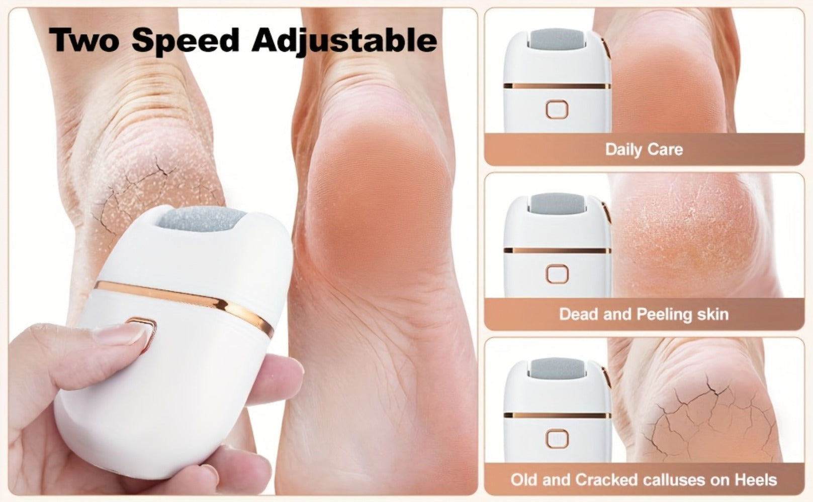 2Set 6Heads And 1Set 3Heads, Rechargeable Electric Foot Grinder for Cracked Heels & Removal - Thick Light Beige Polishing, 3Replacement Grinding Heads, 2Speed Settings, Portable And Easy to Use with USB Charging, IPX5