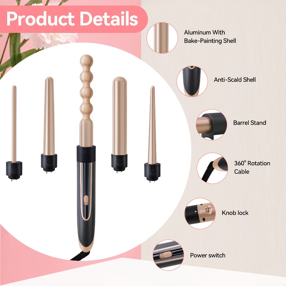 Hair Curling Wand 5in 1 Hair Curlers Iron Set 0.4" - 1.25" with 5 Ceramic Interchangeable Barrel for Long Short Hair Styling Tool for Women Gifts Birthday Christmas Thanksgiving Day New Year Festival Hairstylist Essentials Styler Fast Heat Brush