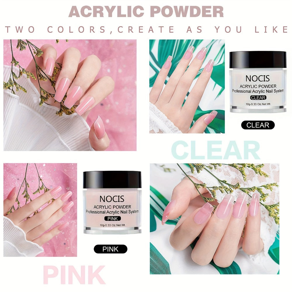 1 Set NOCIS Acrylic Nail Kit - Clear Pinkish Nude Powder, Non-Yellowing Liquid, Brush Cleaner & Professional Nail Art Tools for Salon-Quality Home Manicure, Unscented, Nail Accessories