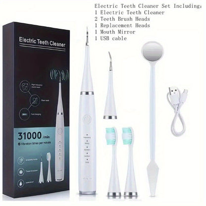 Electric Teeth Cleaner Kit USB Rechargeable 5 Cleaning Modes Dental Scaler Plaque Tartar Remover Gum Health Tool Holiday Gift Set for Family Friends Adults Black White Green