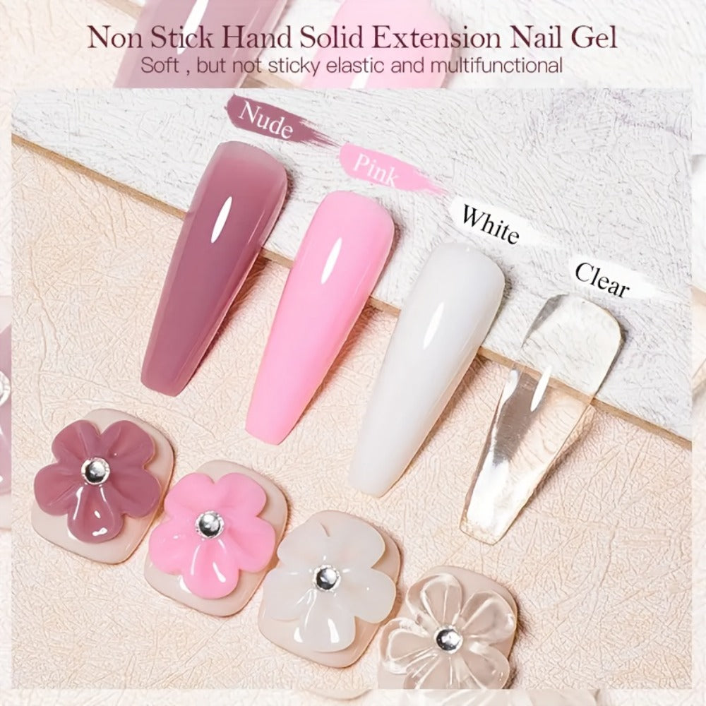 Solid Gel Builder Nail Extension Kit 5pcs Clear Nude Hard Gel 3D Nail Art Rhinestone Sculpture Molding Gel Flower Molds Sculpting Brush RINO