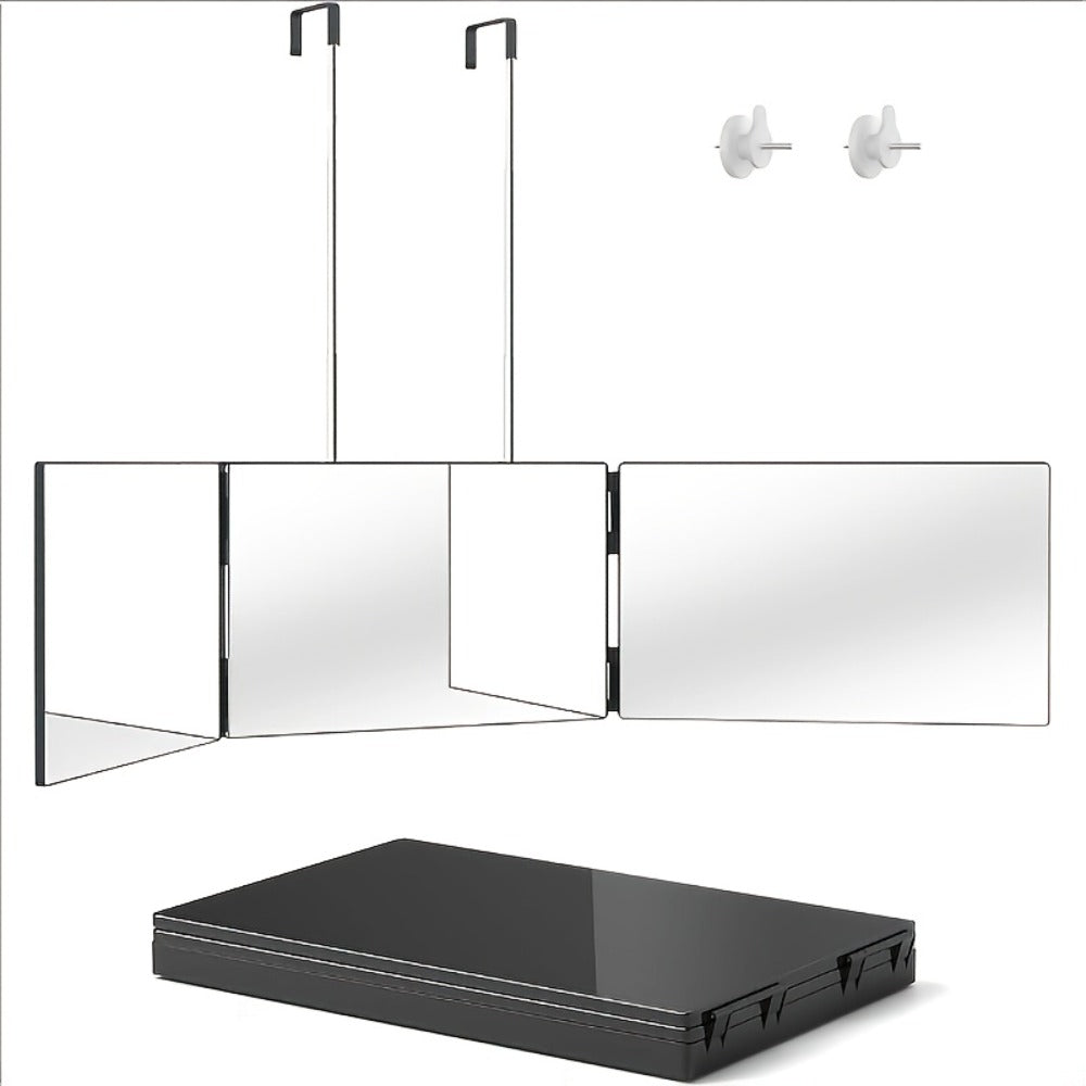 BANBERS The Folding Three-sided Mirror And Three-way Mirror Are Suitable for Haircuts. They Have Adjustable Height, Telescopic Hooks, Two Fixed Nails, A 360° Viewing Angle, And High-definition Glass. They Can Be Used for Shaving, Makeup
