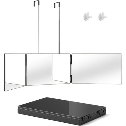 3-Way Mirror for Hair Cutting Folding Three-Sided Mirror with 360° Viewing Angle - HD Glass, Adjustable Height, Telescopic Hooks, Wall Mount Nails, USB Powered, Barber Mirror for Shaving & Makeup