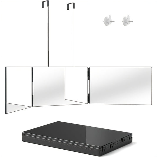 3-Way Mirror for Hair Cutting Folding Three-Sided Mirror with 360° Viewing Angle - HD Glass, Adjustable Height, Telescopic Hooks, Wall Mount Nails, USB Powered, Barber Mirror for Shaving & Makeup