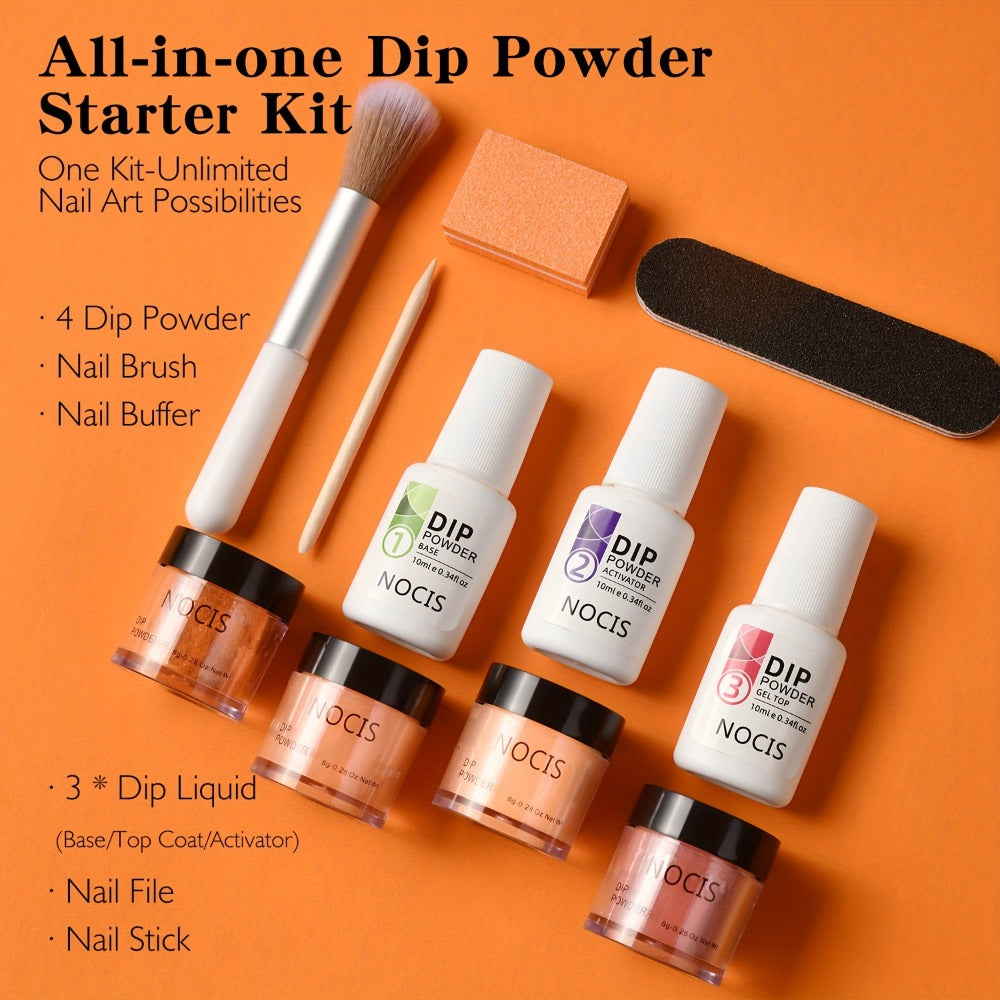 NOCIS Dip Nails Starter Kit! Create hauntingly beautiful Halloween nail art with ease. Kit includes Nail Sticks, Base/Top Coat, Activator, and Essential Liquids for a DIY salon manicure. Get ready for a fang-tastic Halloween!