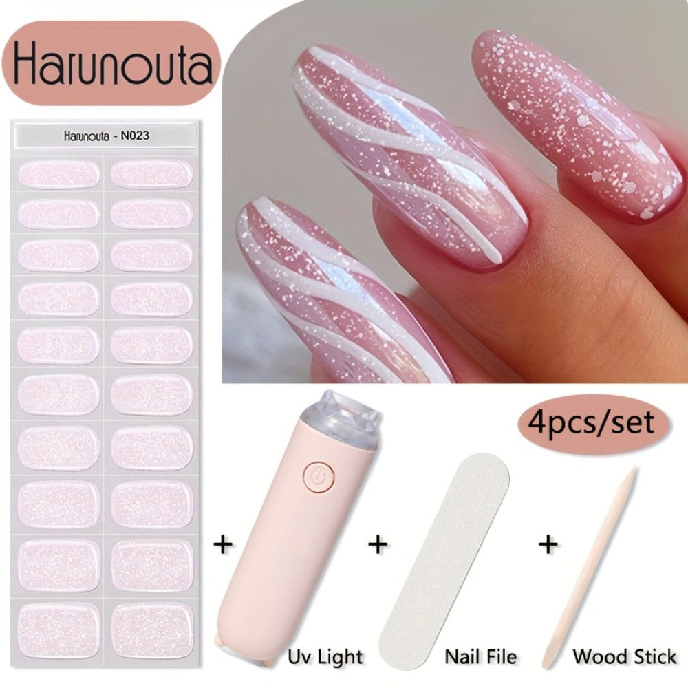 Harunouta 20strips Semi Cured Gel Nail Strips Set with Hand Held Nail Lamp Kit Gel Nail Stickers Glitter Flower Gel Nail Wraps Gel Polish Stickers Nail Art Manicure for DIY Nails Home Use Nails