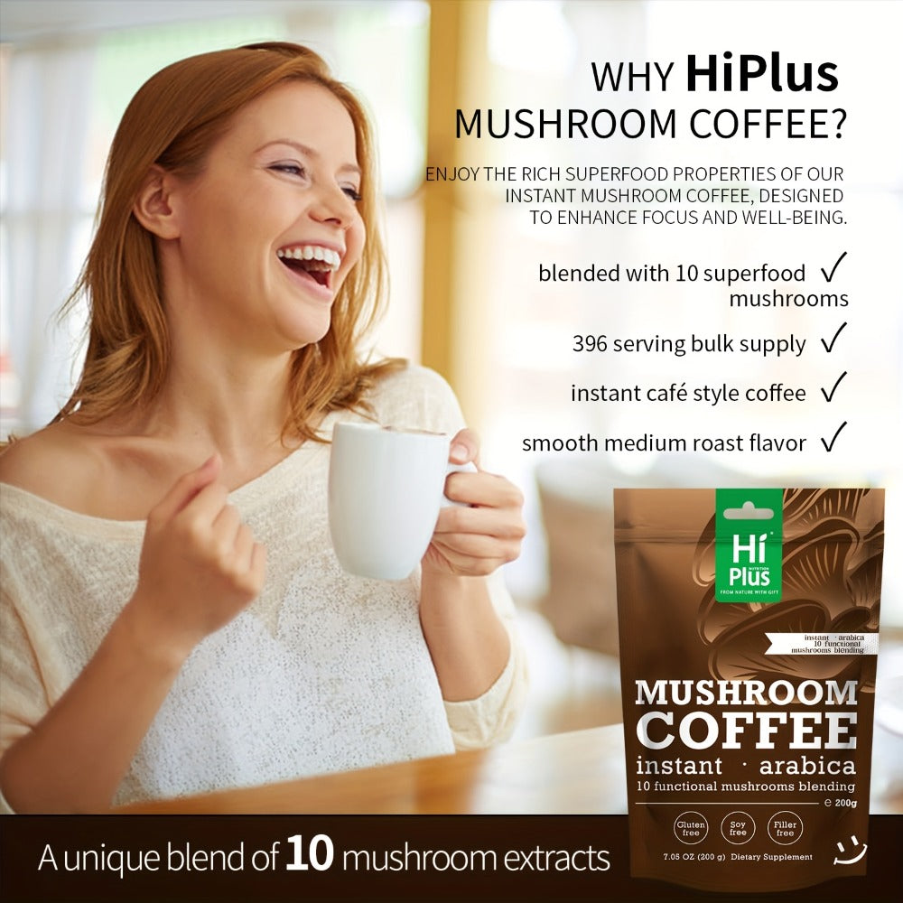 HiPlus Instant Mushroom Coffee Powder - Immune Support & Focus Booster with Arabica Coffee, Lions Mane, Chaga, Reishi, Cordyceps, Turkey Tail, Shiitake, Maitake, Gluten-Free, Soy-Free, No Fillers - Clean Energy & Mental Clarity, No Jitters - 7oz (203g)