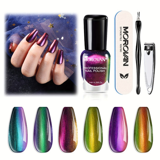 Holographic Nail Polish Set 6pcs - Metallic Glitter Air Dry Lacquer 0.25oz, Regular Finger & Toenail Polish Kit for Women, Bulk Nail Polish Gift Set by Morovan
